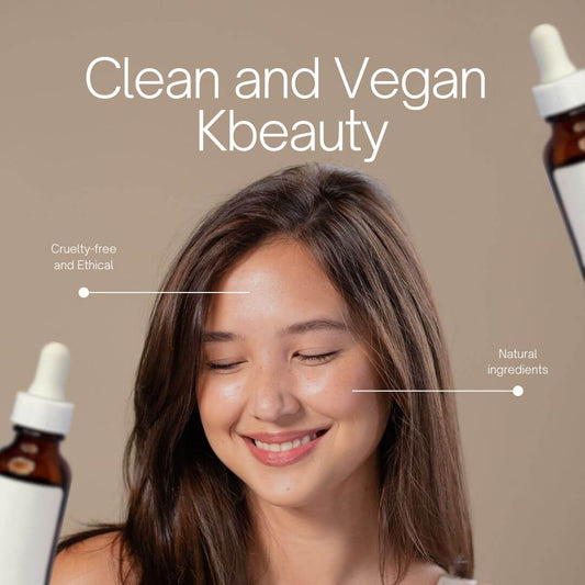 Smiling woman surrounded by clean and vegan K-beauty products emphasizing natural ingredients.