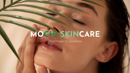 Close-up of a woman enjoying mochi skincare, showcasing velvety-matte texture and relaxed beauty.