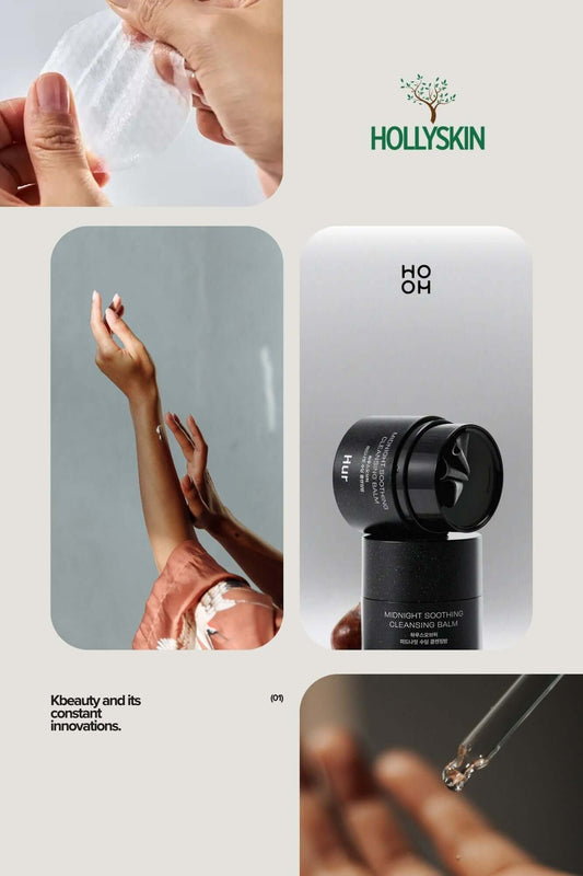 Collage of Korean skincare products and hands showcasing innovative K-beauty trends and applications.