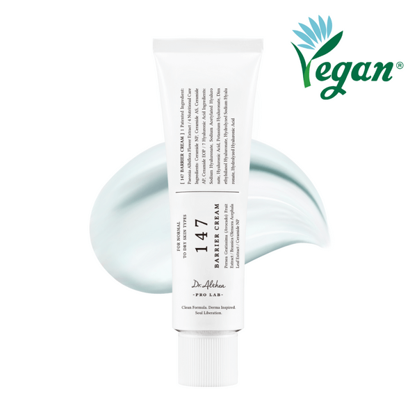 Dr.Althea 147 Barrier Cream tube with soothing cream swirl, enriched with hydrating ingredients, vegan formula.
