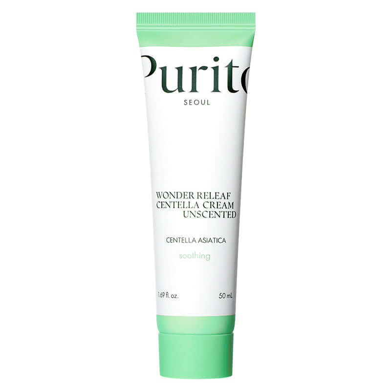 Purito Seoul Wonder Releaf Centella Cream Unscented, soothing moisturizer with centella asiatica extract, ceramide, and squalane.