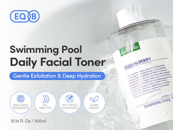 Eqqualberry Swimming Pool Daily Facial Toner bottle, offering gentle exfoliation and deep hydration for all skin types.