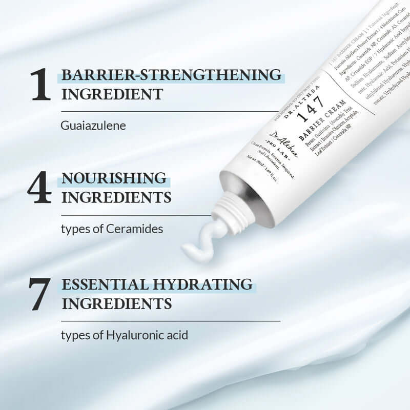 Dr.Althea 147 Barrier Cream highlighting ingredients: Guaiazulene, Ceramides, and Hyaluronic Acid for hydration.