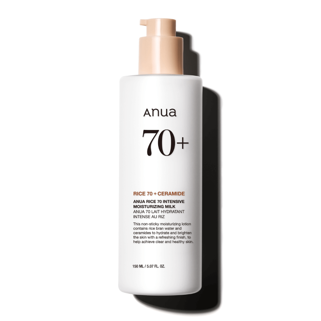 ANUA Rice 70 Intensive Moisturizing Milk bottle, hydrating and brightening lotion for all skin types.
