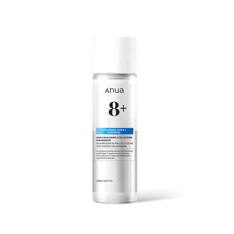 Anua 8 Hyaluronic Acid Liposome Skin Booster hydrating essence in a clear bottle, enhancing skin moisture and texture.