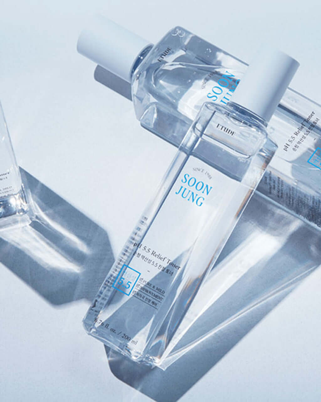 ETUDE HOUSE SoonJung p.H 5.5 Relief Toner in clear bottles, soothing toner for sensitive skin, vegan and fragrance-free.