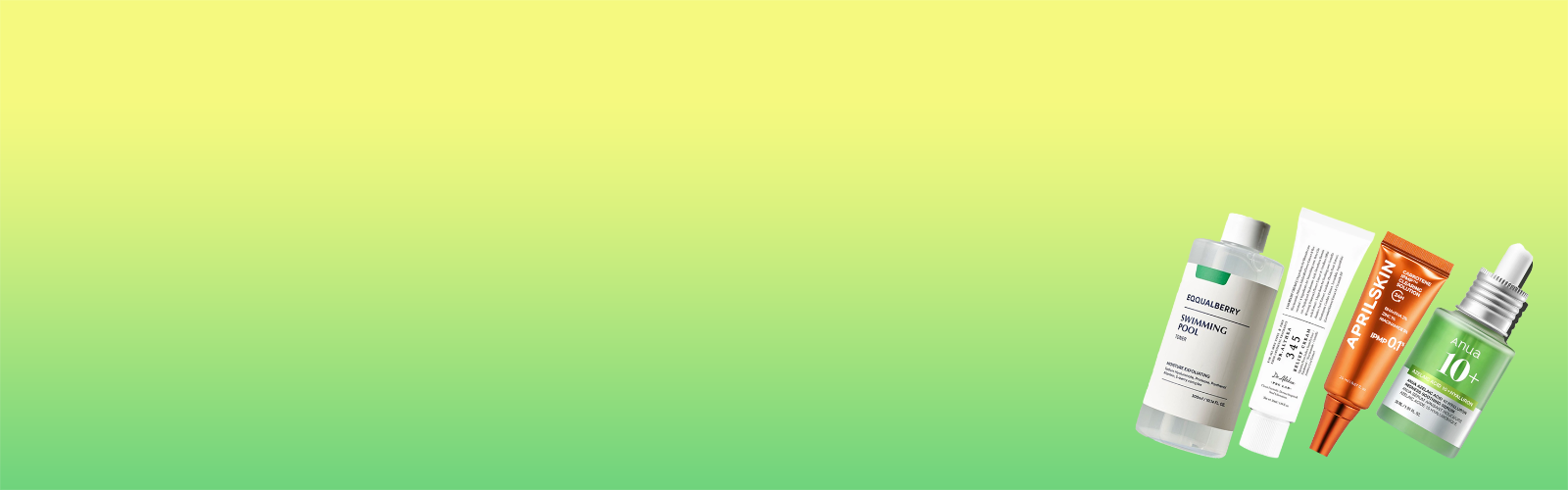 Collection of skincare products displayed against a gradient yellow and green background.