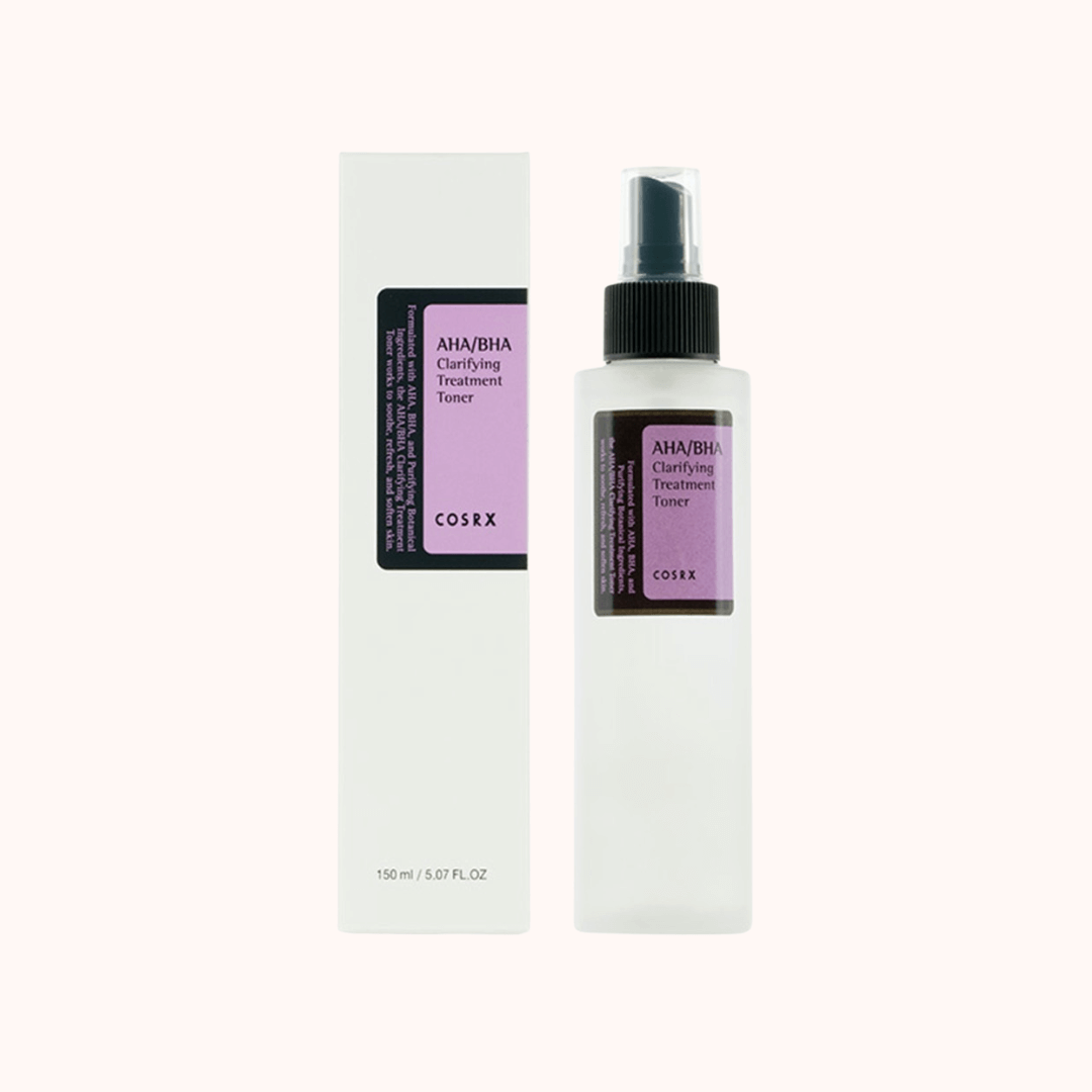COSRX AHA/BHA Clarifying Treatment Toner in a spray bottle with packaging, ideal for improving skin texture and clearing pores.