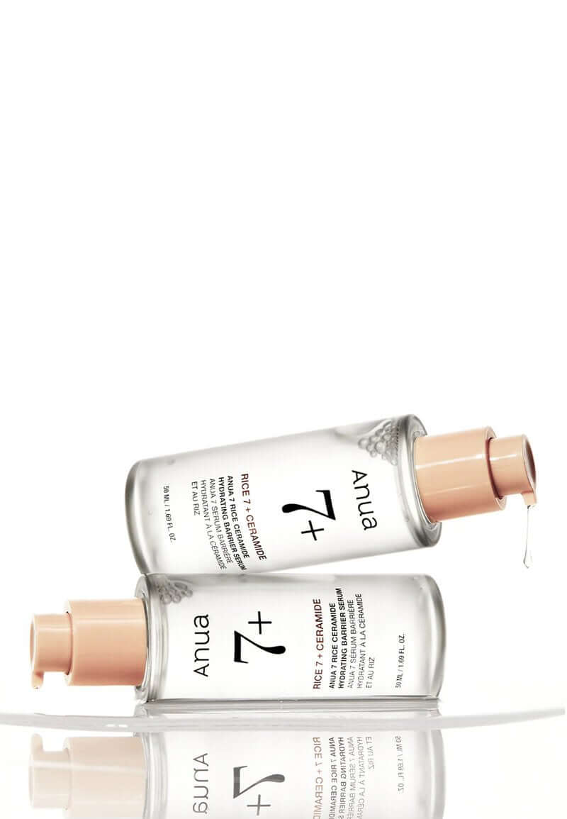 Anua 7 Rice Ceramide Hydrating Barrier Serum 50ml bottles with moisture-enhancing formula for dry skin.
