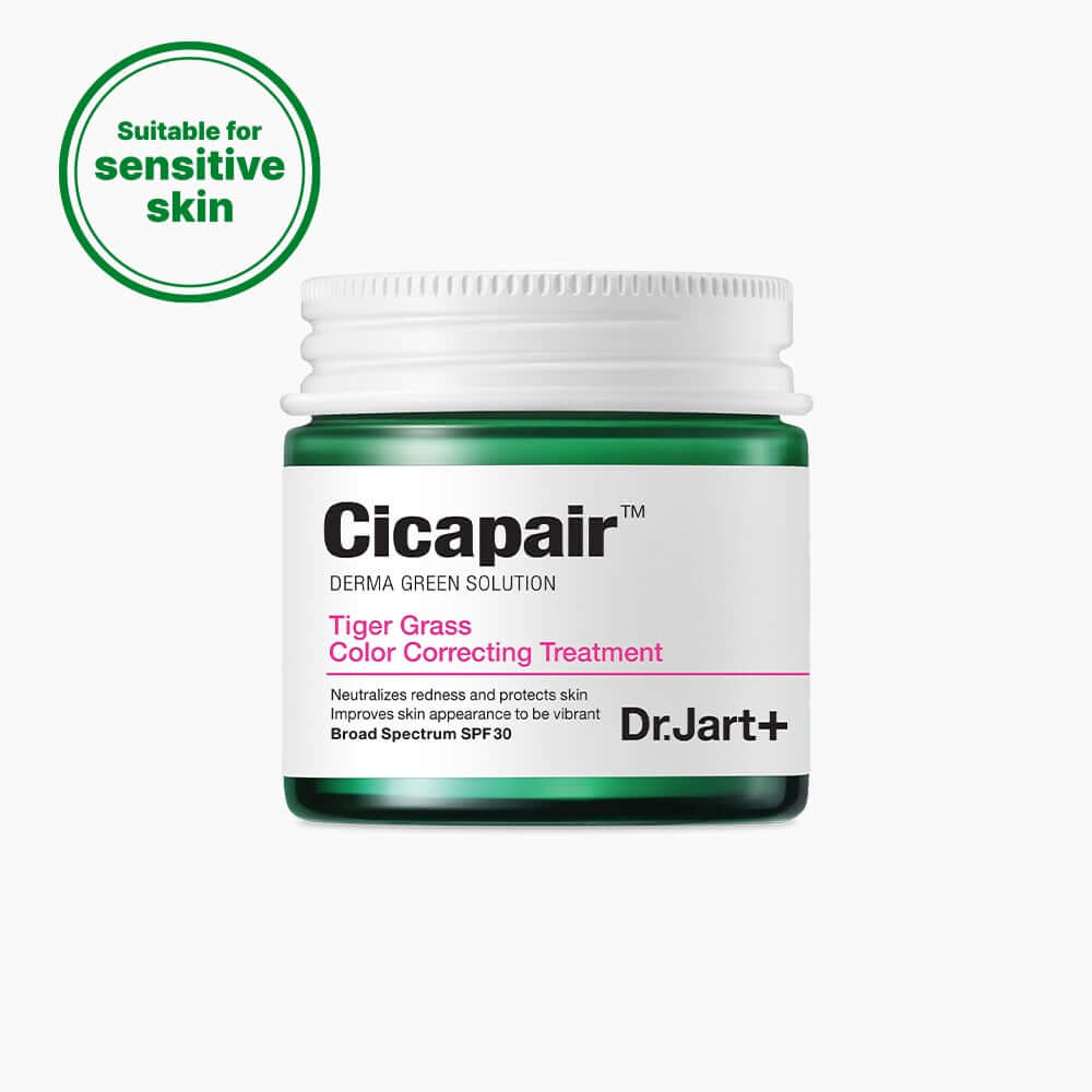Dr.Jart+ Cicapair Tiger Grass Color Correcting Treatment jar for redness-prone skin, SPF 30, soothing and calming formula.