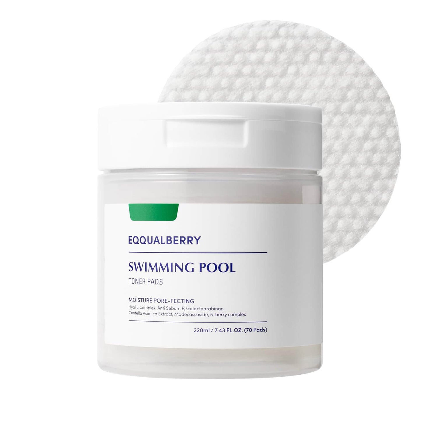 EQQUALBERRY Swimming Pool Toner Pads with embossed pad, vegan exfoliating skincare for radiant, healthy skin.