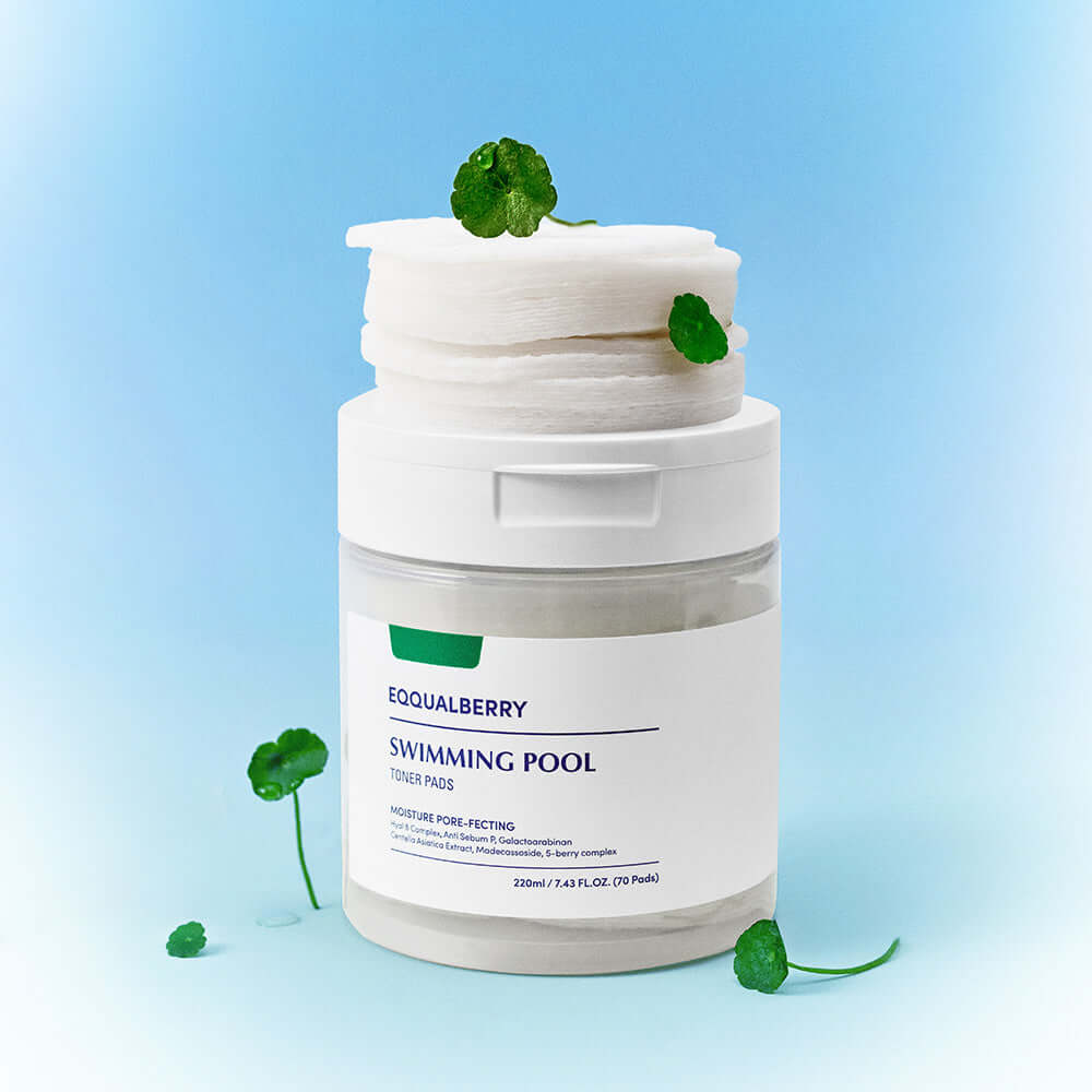 EQQUALBERRY Swimming Pool Toner Pads in a jar, gentle exfoliating vegan skincare for radiant skin.