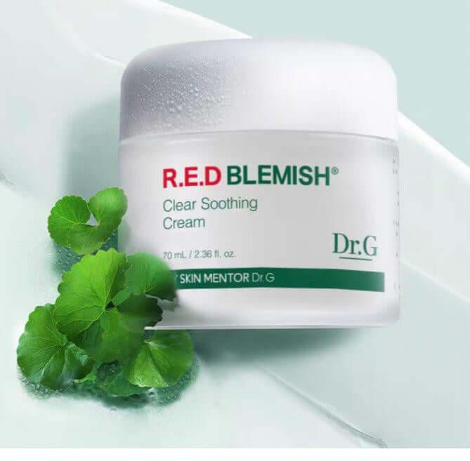 Dr.G R.E.D Blemish Clear Soothing Cream jar with Centella Asiatica leaves for sensitive, acne-prone skin.