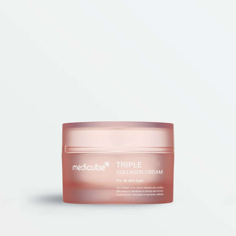 Medicube Triple Collagen Cream 4.0 50ml in a pink jar, designed for hydration and skin elasticity improvement.