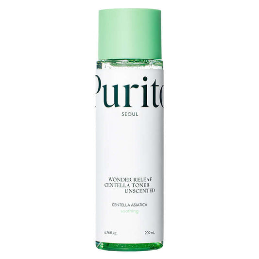 Purito Seoul Wonder Releaf Centella Toner Unscented in a 200ml bottle, hydrates and soothes sensitive skin.