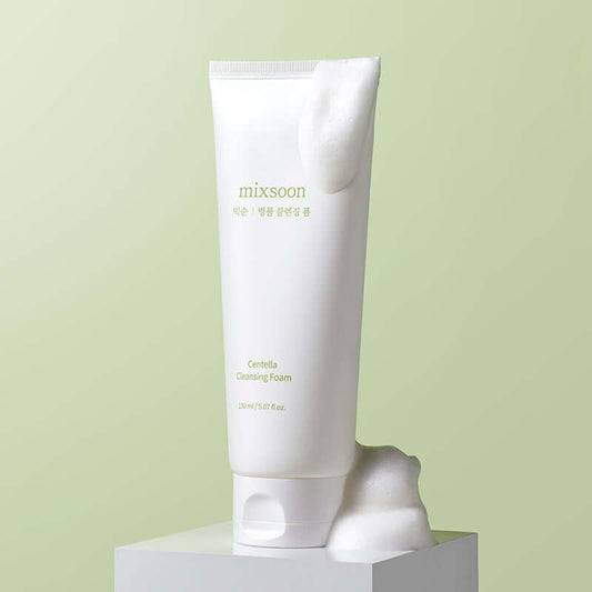 Mixsoon Centella Cleansing Foam 150ml with frothy texture on a light background, perfect for sensitive skin.