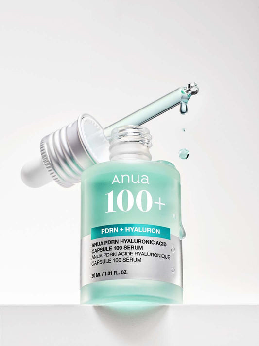 ANUA PDRN Hyaluronic Acid Capsule 100 Serum in a dropper bottle, hydrating skincare for textured and dehydrated skin.