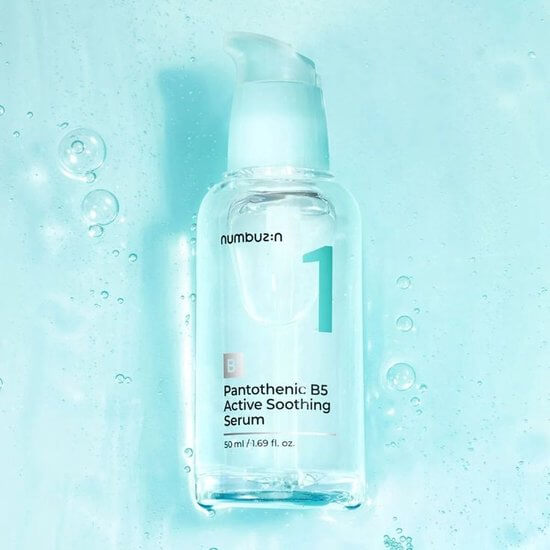 Numbuzin No.1 Pantothenic B5 Active Soothing Serum bottle on a blue background, highlighting its hydrating and soothing properties.