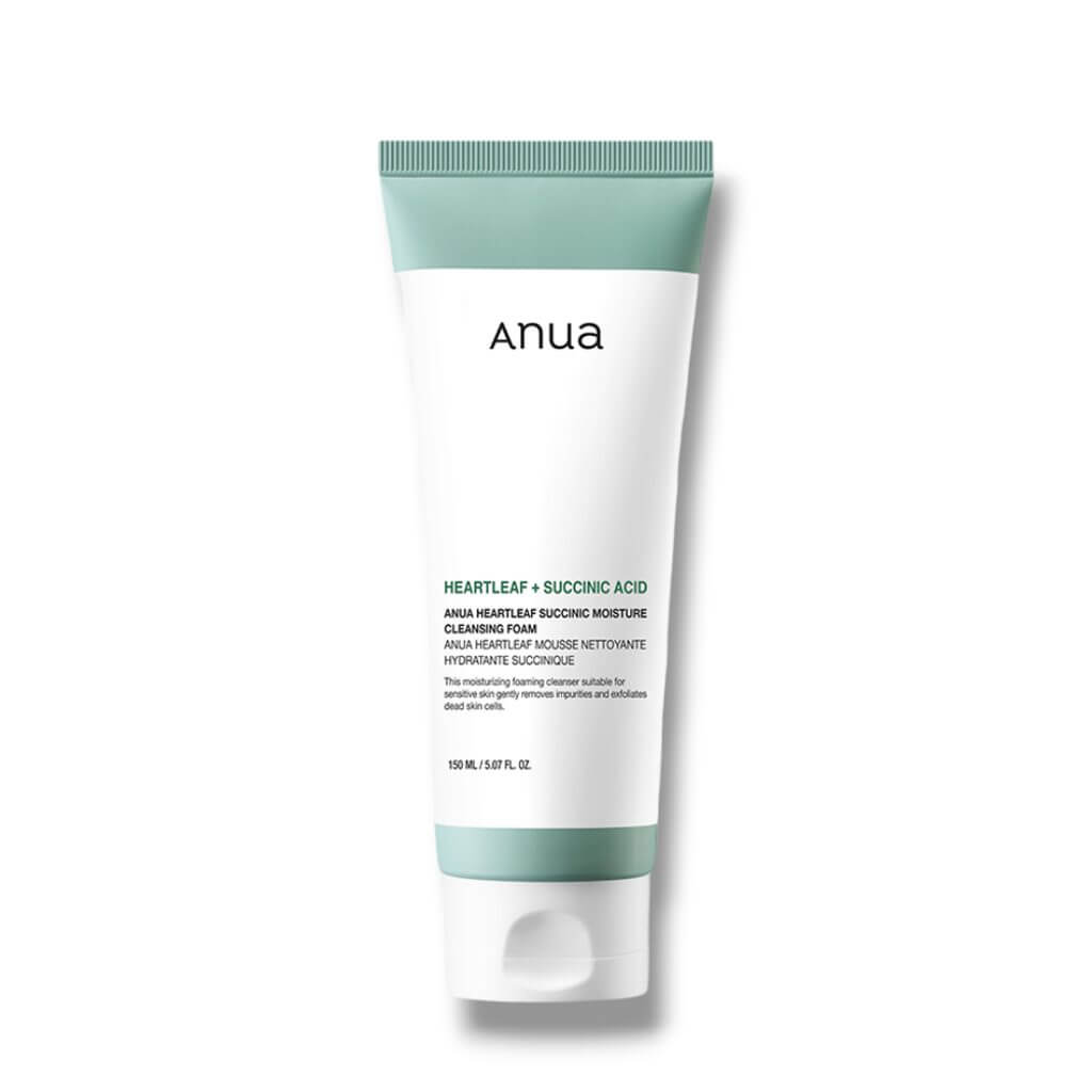Anua Heartleaf Succinic Moisture Cleansing Foam tube for sensitive skin with acne, featuring BHA and Heartleaf extract.
