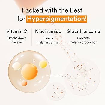 Abib dark spot serum ingredients infographic highlighting vitamin C, niacinamide, and glutathiosome benefits for hyperpigmentation.