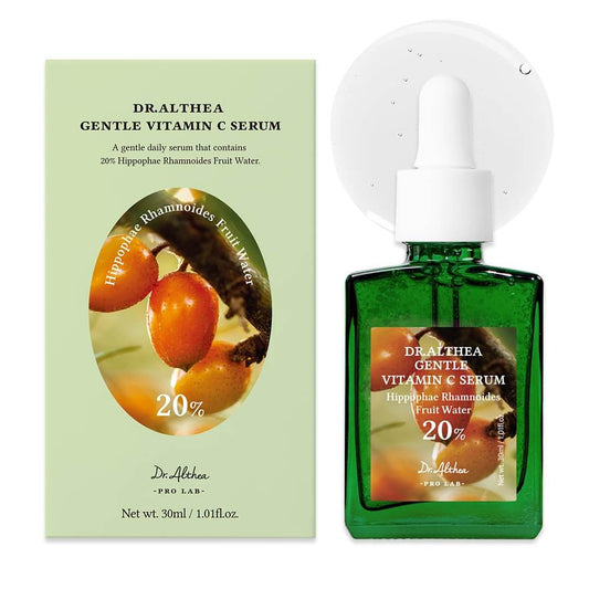 Dr.Althea Gentle Vitamin C Serum with Hippophae Rhamnoides fruit extract in a green glass bottle, 30ml.