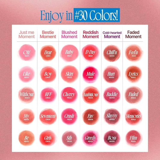 FWEE Lip&Cheek Blurry Pudding Pot color chart featuring 30 shades for lips and cheeks.