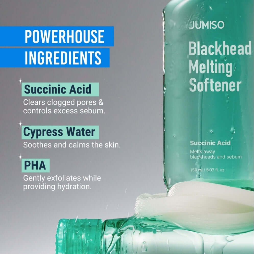Jumiso Blackhead Melting Softener highlighting key ingredients: Succinic Acid, Cypress Water, and PHA for clear skin.