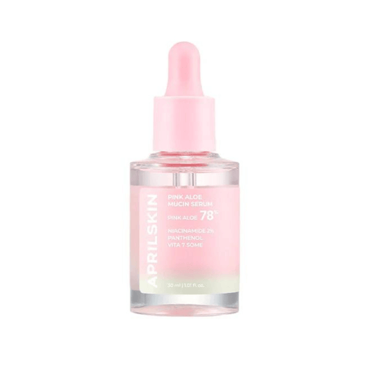 APRILSKIN Pink Aloe Mucin Serum bottle promoting hydration and glow with key ingredients like Niacinamide and Pink Aloe.