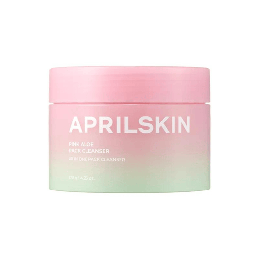 APRILSKIN Pink Aloe Pack Cleanser jar, a multitasking mask, exfoliator, and foam cleanser with soothing aloe vera.