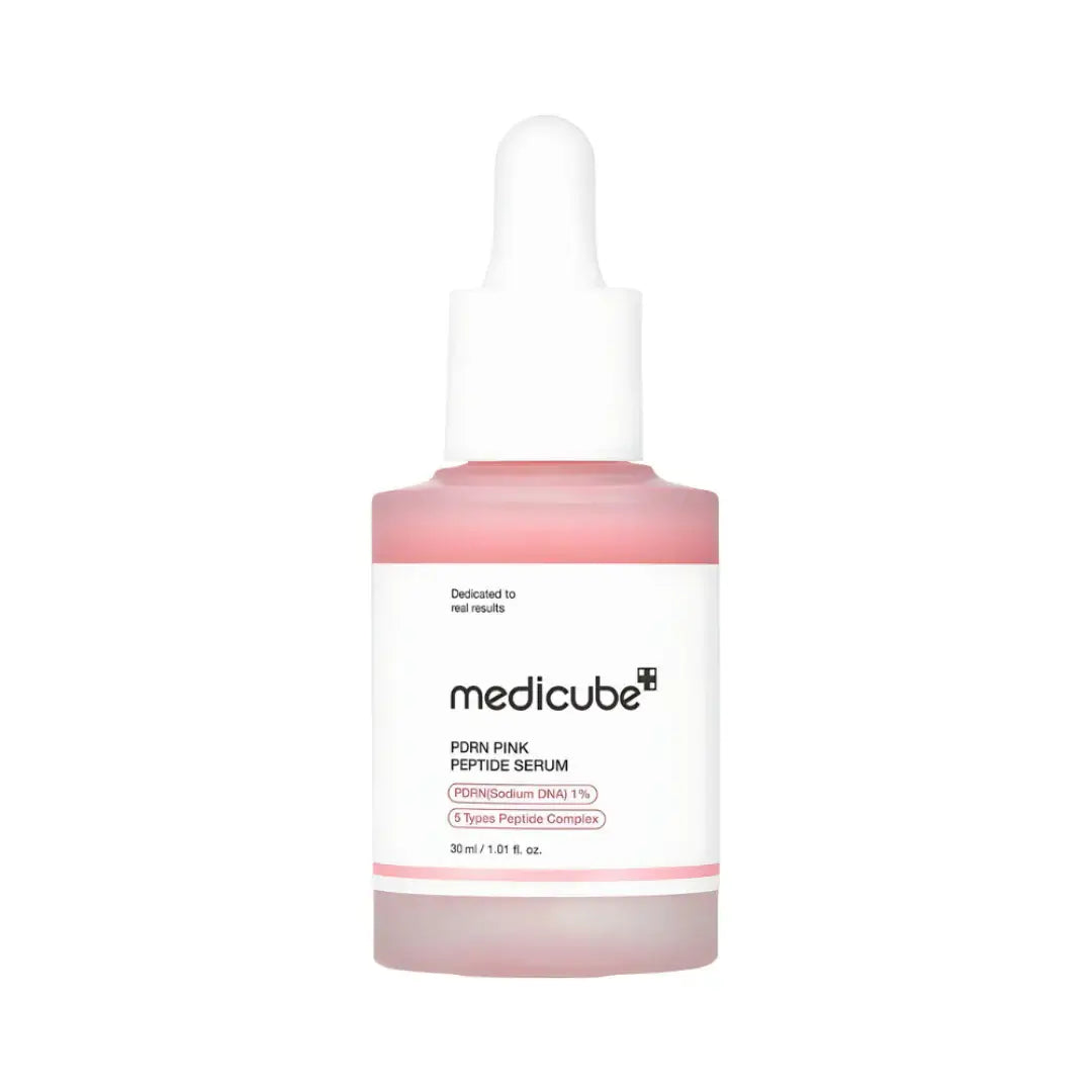 Medicube PDRN Pink Peptide Serum for even skin tone and elasticity, featuring PDRN, niacinamide, and peptides.