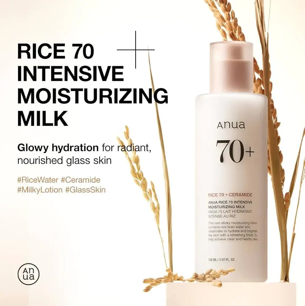 ANUA Rice 70 Intensive Moisturizing Milk for glowy, hydrated skin with rice water and ceramide.