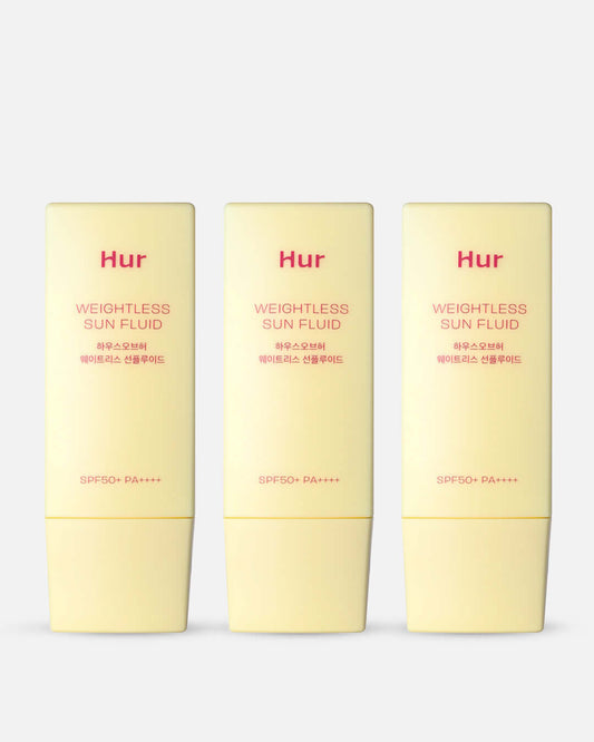 House of Hur Weightless Sun Fluid trio packaging, SPF 50+ sunscreen with Jeju Yuja and New Zealand Honey Extract.
