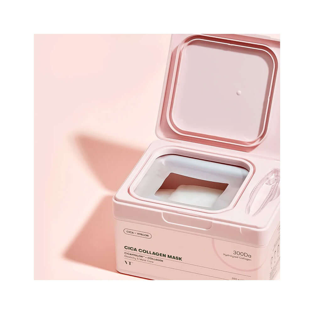VT Cica Collagen Mask packaging showing open box with sheet mask inside on a pale pink background.