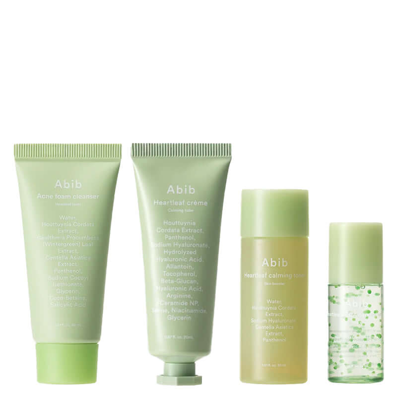 Abib Heartleaf Calming Trial Kit with Acne Foam Cleanser, Calming Crème, Toner, and Capsule Serum in green packaging.