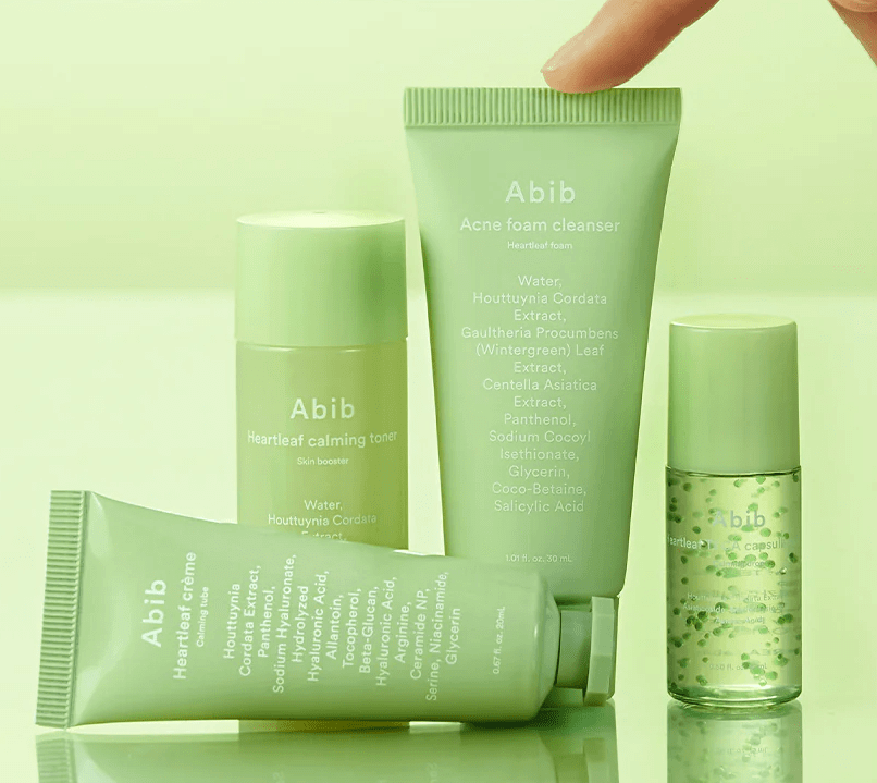 Abib Heartleaf Calming Trial Kit with acne foam cleanser, calming toner, calming cream, and serum drops.