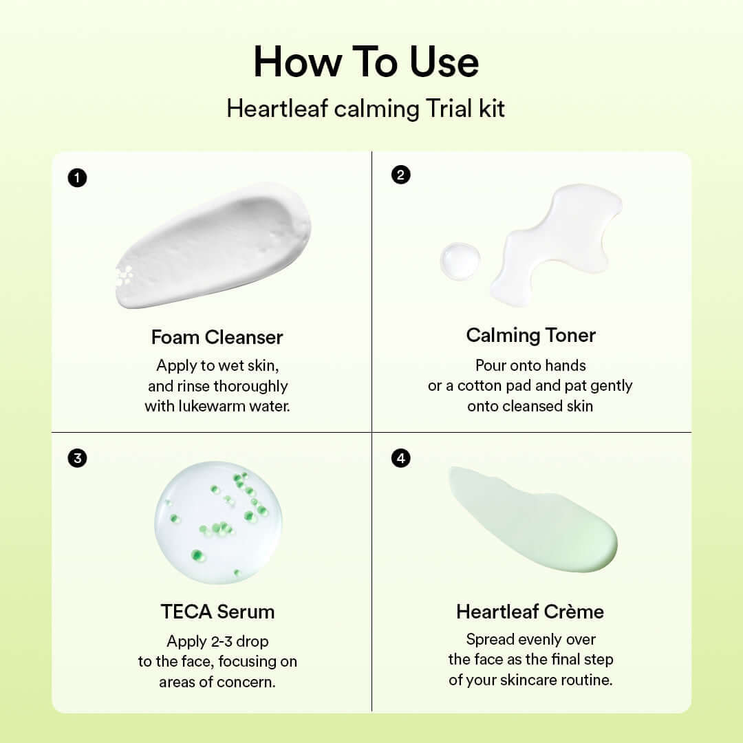 Instructions for using Abib Heartleaf Calming Trial Kit: Foam Cleanser, Calming Toner, TECA Serum, and Heartleaf Crème.