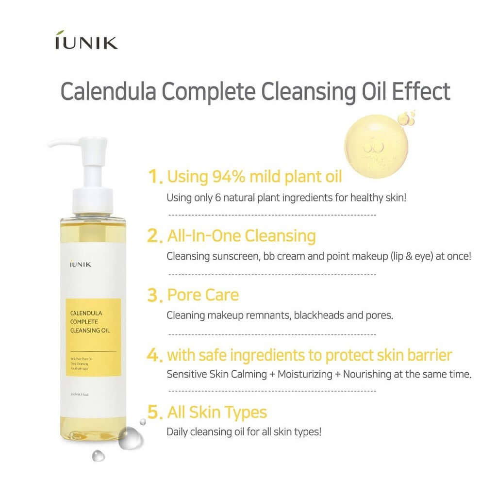 iUNIK Calendula Complete Cleansing Oil with 94% plant oils for all skin types, effective makeup remover and pore care.