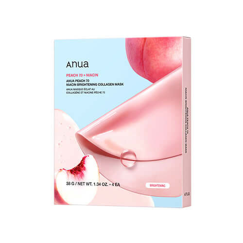 ANUA Peach 70 Niacin Brightening Collagen Mask packaging featuring peach motifs and hydrating mask details.