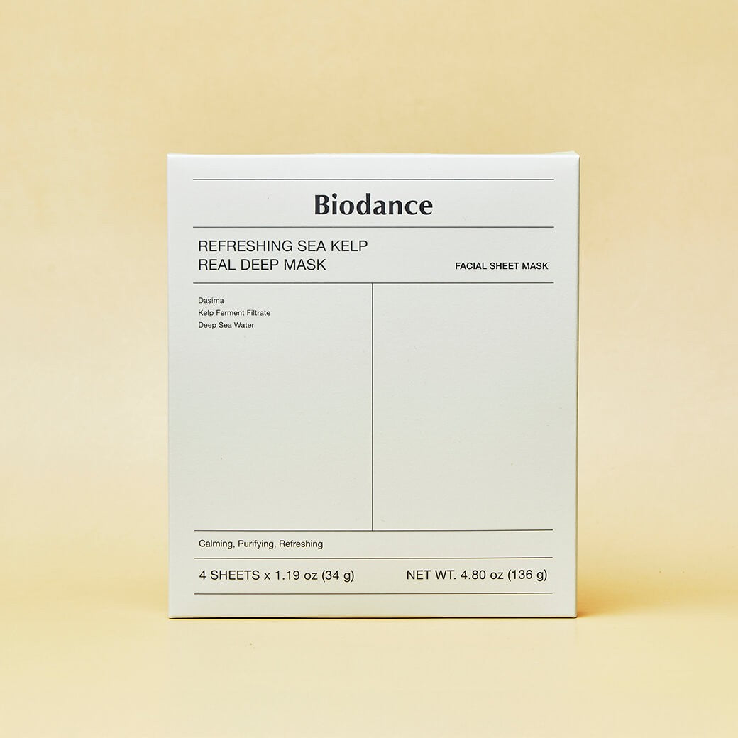 Biodance Refreshing Sea Kelp Real Deep Mask packaging for oily skin, designed to purify and restore balance.