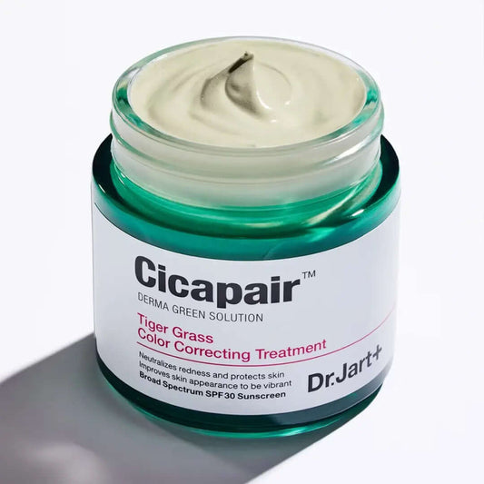 Dr.Jart+ Cicapair Tiger Grass Color Correcting Treatment in a jar, soothing redness-prone skin with SPF 30.