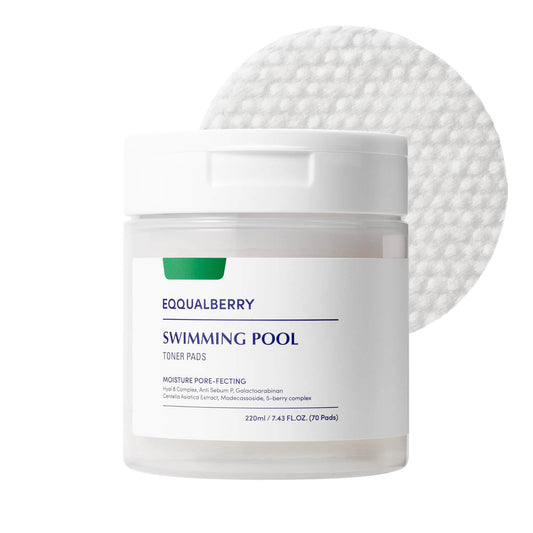 EQQUALBERRY Swimming Pool Toner Pads with embossed pad, vegan exfoliating skincare for radiant, healthy skin.