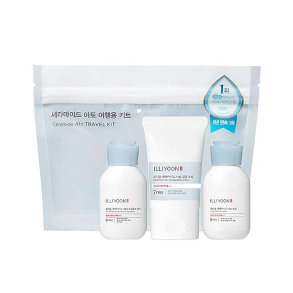 ILLIYOON Ceramide Ato Travel Kit with lotion, cream, and wash for sensitive and dry skin in a convenient packaging.