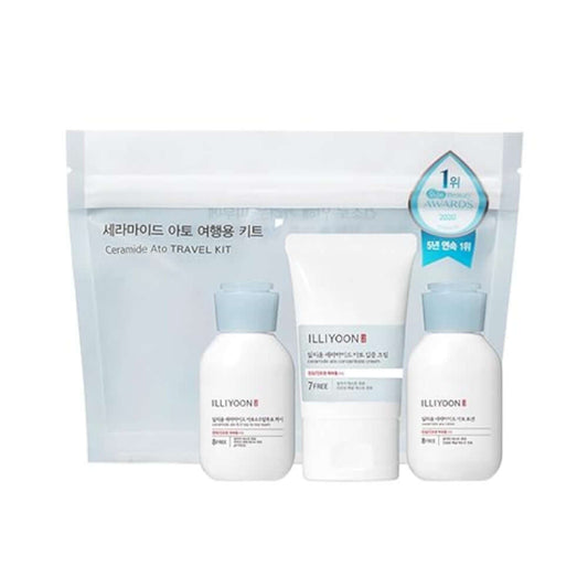 ILLIYOON Ceramide Ato Travel Kit with lotion, cream, and wash for sensitive and dry skin in a convenient packaging.