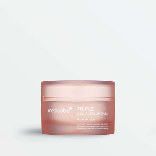 Medicube Triple Collagen Cream 4.0 50ml in a pink jar, designed for hydration and skin elasticity improvement.