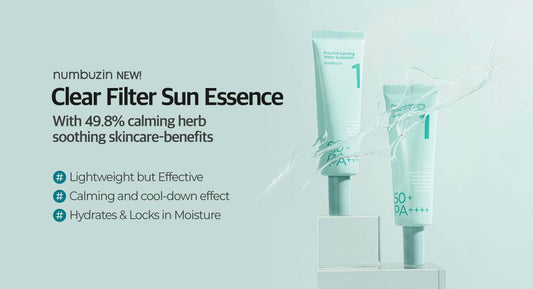 Numbuzin No.1 Clear Filter Sun Essence SPF50+, lightweight sunscreen with soothing herb benefits, hydrates and calms skin.
