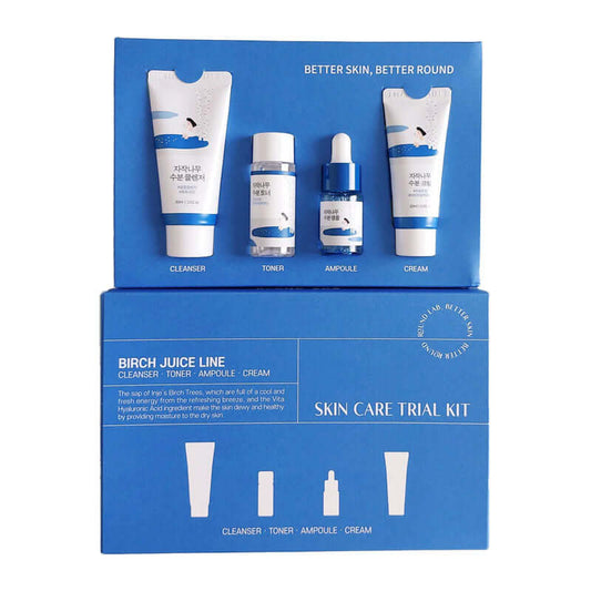 Round Lab Birch Juice Trial Kit with cleanser, toner, ampoule, and cream for moisturizing and healthy skin.