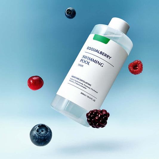 Eqqualberry Swimming Pool Daily Facial Toner bottle with berries, hydrating and exfoliating for smooth skin.