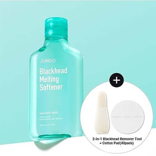 Jumiso Blackhead Melting Softener bottle with 2-in-1 blackhead remover tool and cotton pads for clear skin.