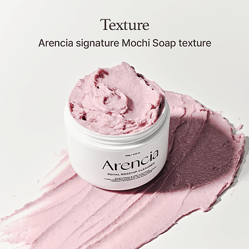 Arencia Fresh Royal Rosehip Cleanser with a smooth mochi soap texture and rich pink color on a white background.