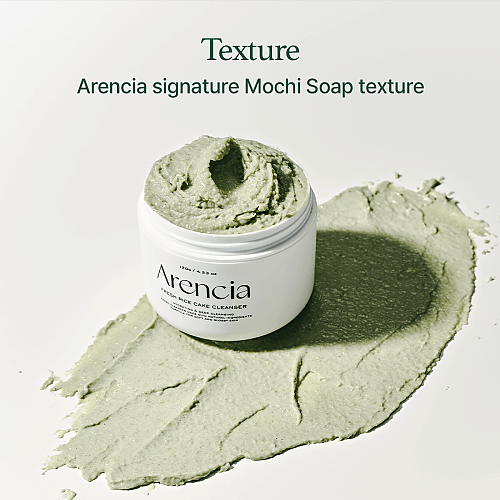 Arencia Fresh Green Cleanser showcasing its signature mochi soap texture, highlighting its cleansing properties.
